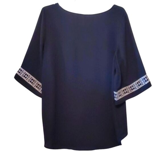 EXHILARATION Dressy Blouse Top Semi-Sheer Navy Embroidered Boho Size M - Picture 4 of 7